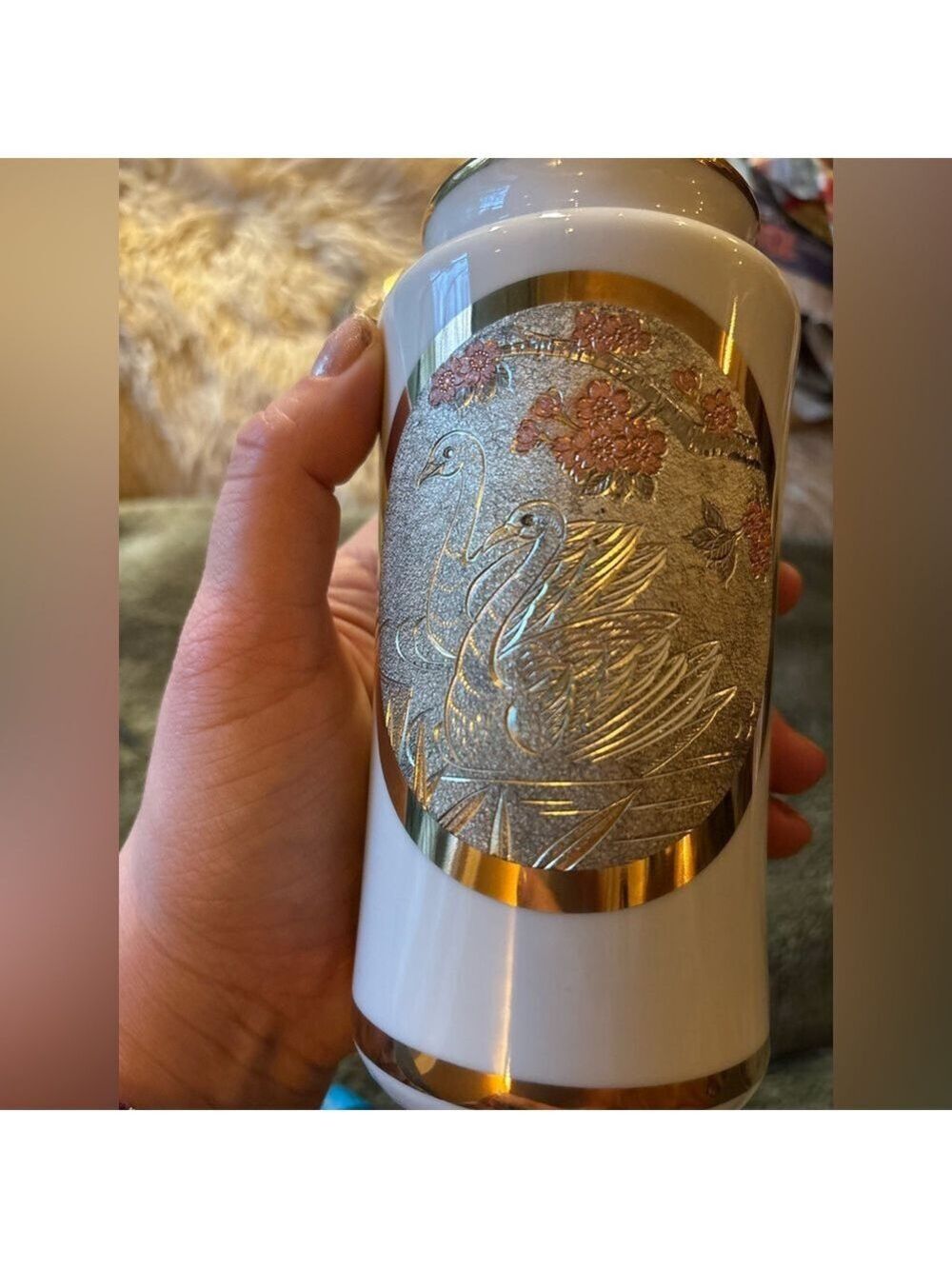 VINTAGE Japanese Chokin Art Vase • 24K Gold Swan Relief • Porcelain • EUC - Picture 6 of 15
